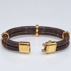 Louis Vuitton Brown Monogram Double-Strand Bracelet with Gold Hardware